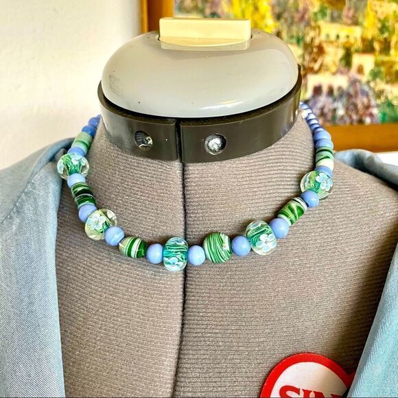 Lamp work bead necklace in light blue and green - Picture 1 of 5